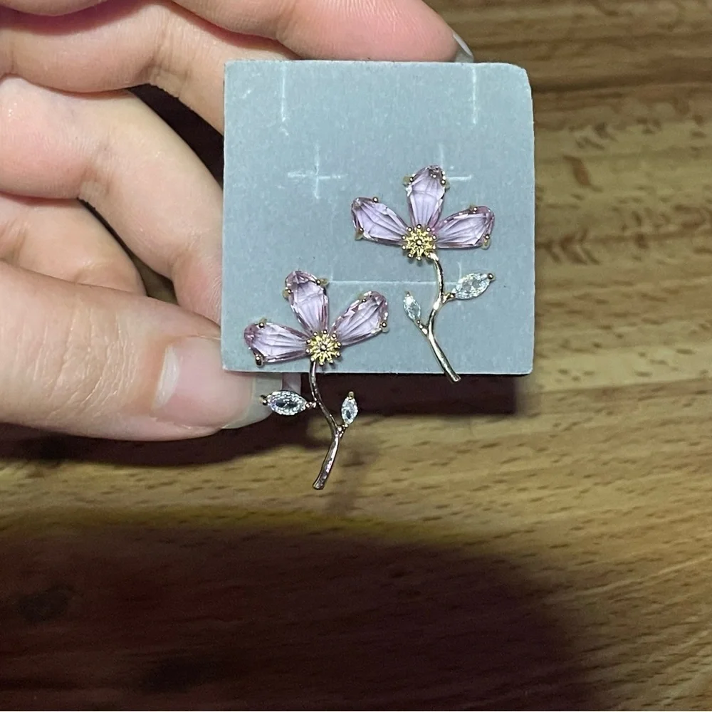 Green Flower Stem Women Earrings  14K Gold Plated